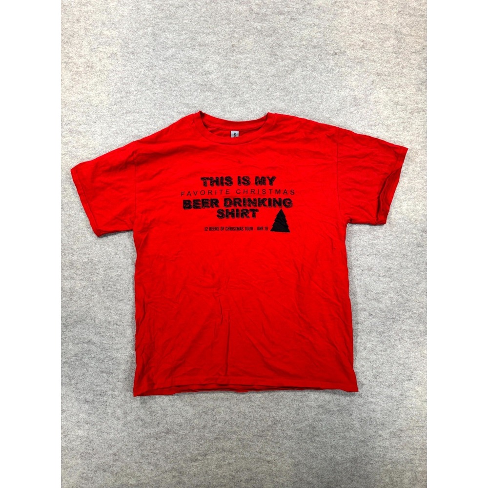 Gildan Mens Favorite Christmas Beer Drinking T Shirt Red Large Cotton Graphic L